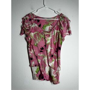 Signature by Larry Levine Womens Sz XL Satin Short Sleeve Bohemian Blouse Floral